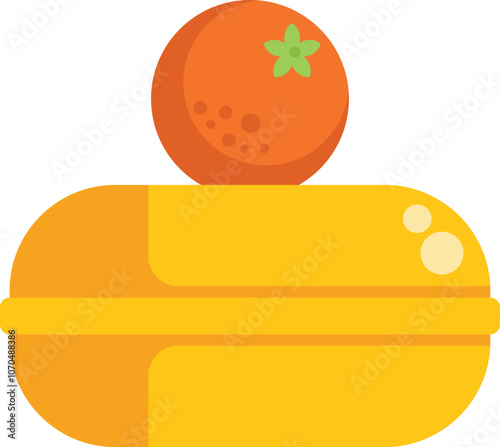 Orange fruit sitting on top of a closed lunch box, an illustration of a healthy school lunch break