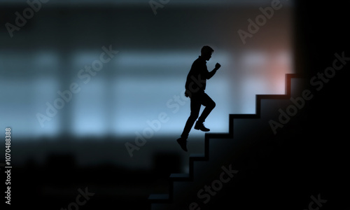 A silhouette of a person climbing an abstract ladder symbolizing achievement and growth