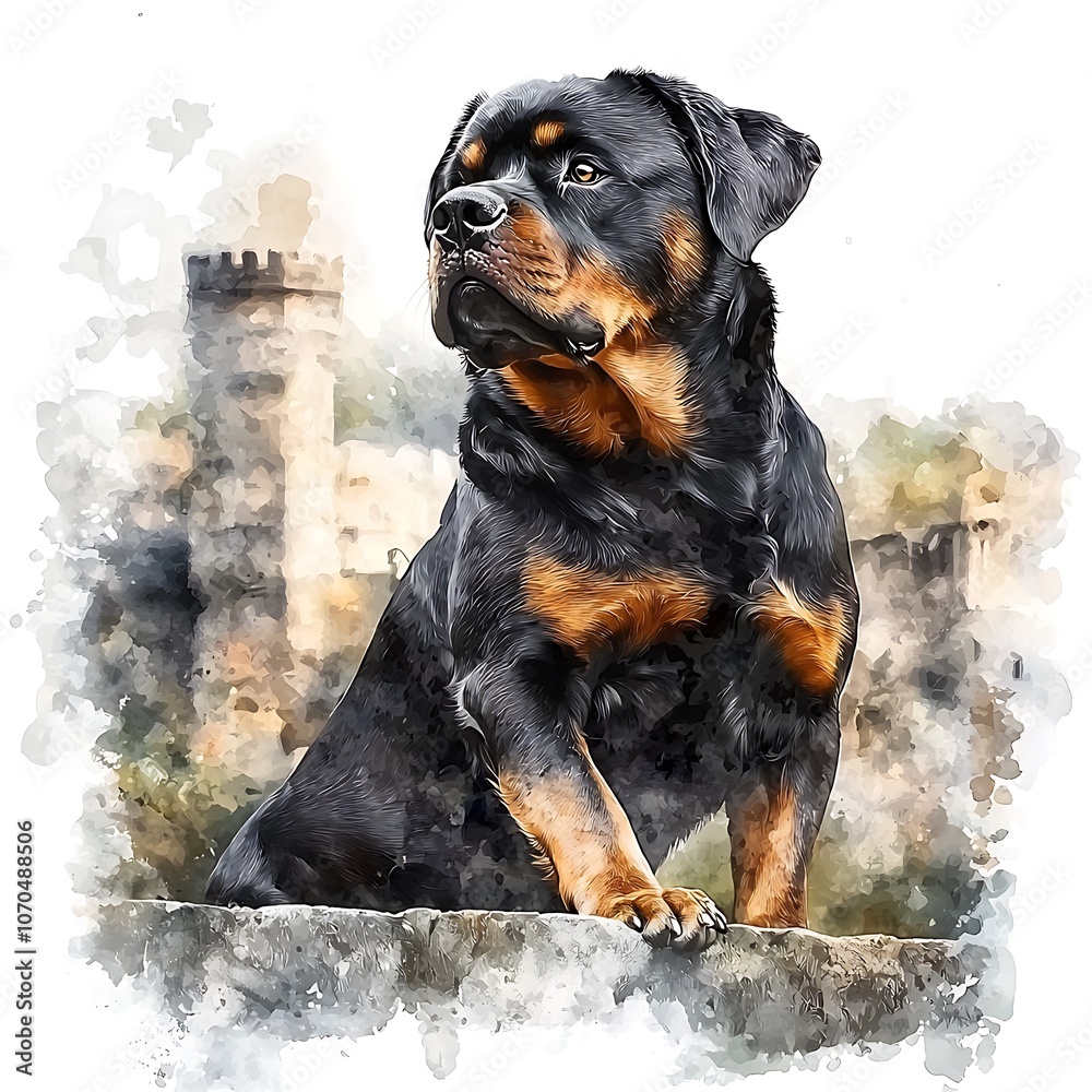 Fototapeta premium Rottweiler Dog in Watercolor Style with Blurry Background.