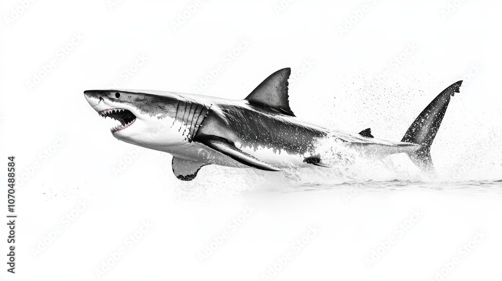Obraz premium Great white shark jumping out of water with open mouth