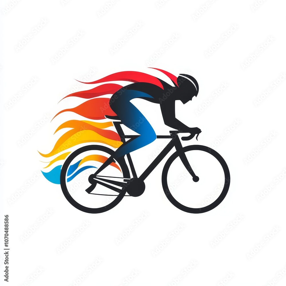 Fototapeta premium Stylized silhouette of a cyclist with vibrant flames trailing behind, symbolizing speed, power, and motion, capturing the dynamic energy of cycling and athletic performance.