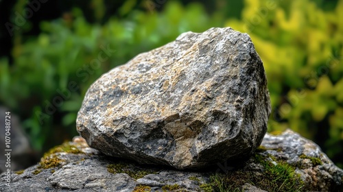 Close-up of a large gray rock with a mossy surface, sitting on another rock with a blurry green background.