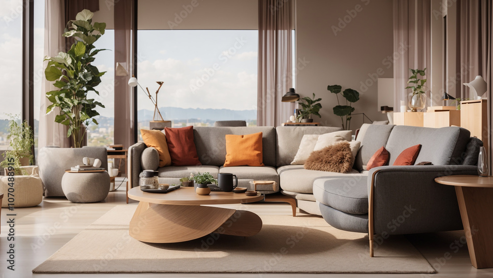 Fototapeta premium A modern living room with a sectional sofa, coffee table, and large windows overlooking a landscape. Plants and décor are visible.