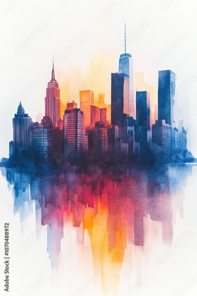 Obraz premium Colorful watercolor painting of city skyline with offices and skyscraper