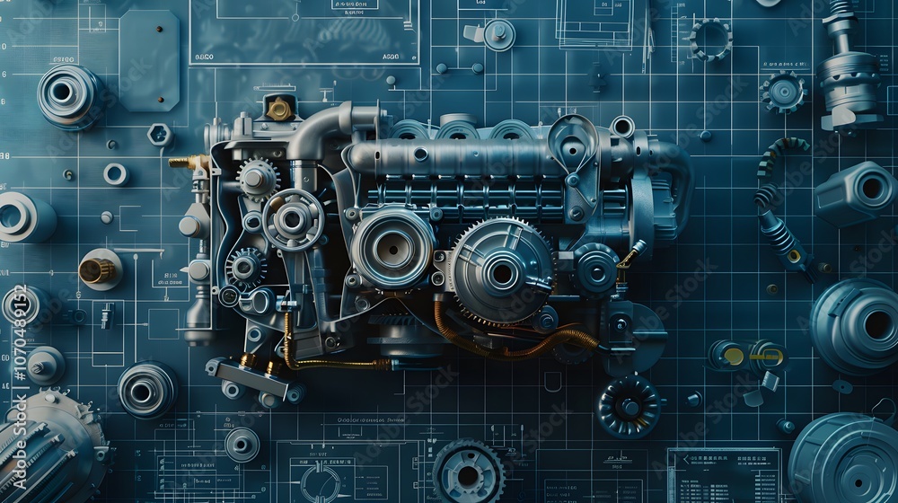 Fototapeta premium A small engine is shown on a blue background. The engine is made of metal and has a shiny appearance. The blue background suggests a futuristic or industrial setting