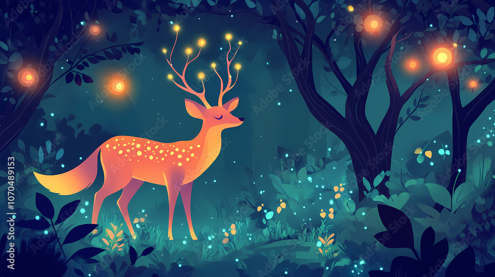 A magical wildlife forest, where glowing animals like deer and foxes roam under enchanted trees with luminous leaves. Enchanted. Illustration A magical wildlife forest, where glowing animals like deer and foxes roam under enchanted trees with luminous leaves. Enchanted. Illustration