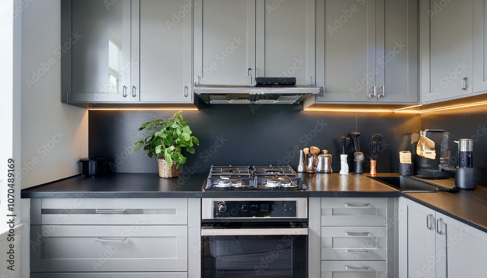 Fototapeta premium Modern home kitchen interior with dark counter and gas stove
