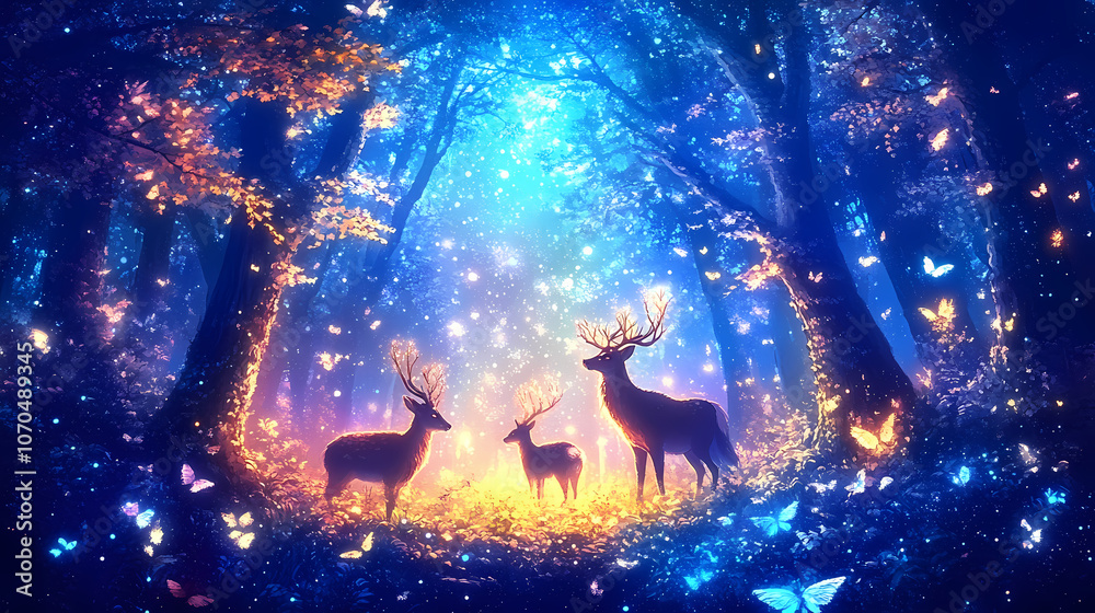A magical wildlife forest, where glowing animals like deer and foxes roam under enchanted trees with luminous leaves. Enchanted. Illustration A magical wildlife forest, where glowing animals like deer and foxes roam under enchanted trees with luminous leaves. Enchanted. Illustration