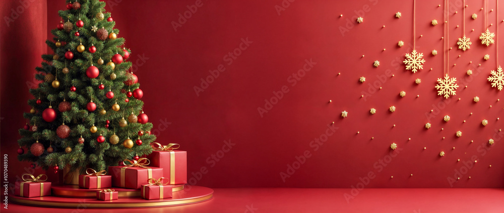 Un albero di Natale su un podio rosso con sfondo elegante, arricchito da ornamenti dorati