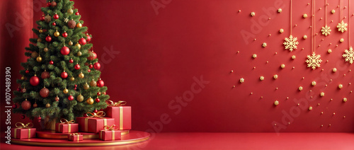 Obraz na płótnie Un albero di Natale su un podio rosso con sfondo elegante, arricchito da ornamenti dorati w salonie