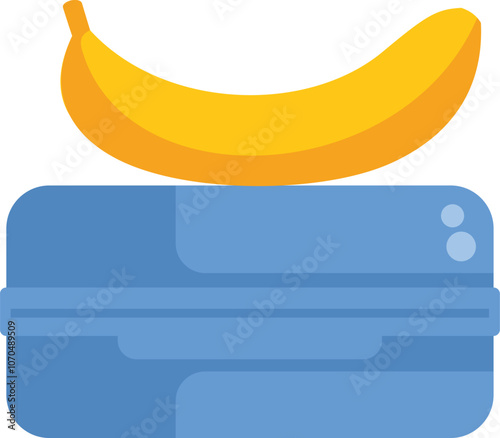 This vector illustration shows a concept about healthy lifestyle and eating habits, featuring a ripe banana on a lunchbox