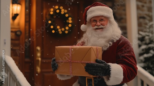 Santa claus holds a Christmas present in his hands and stands at the door of a decorated house. New Year and Christmas, gifts in boxes and a Christmas tree, joy and magic photo