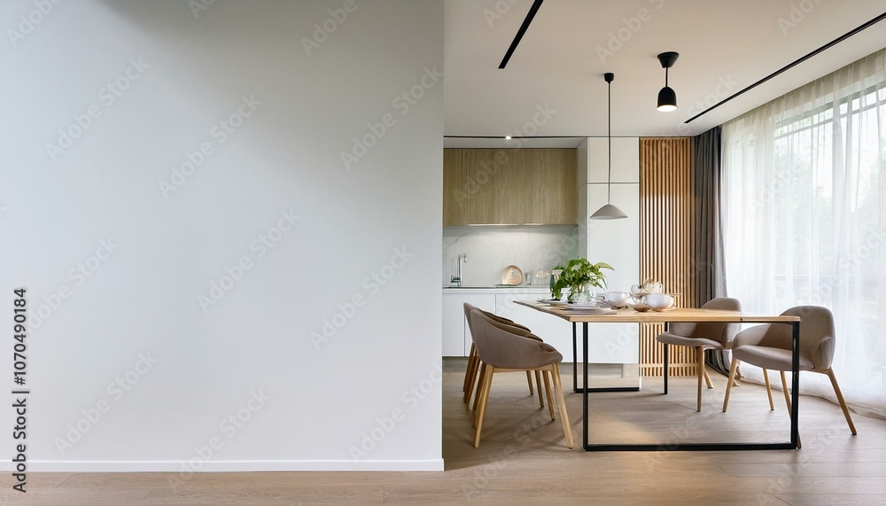Modern kitchen with blank wall partition and dining area in bright interior. 3D Rendering Modern kitchen with blank wall partition and dining area in bright interior. 3D Rendering