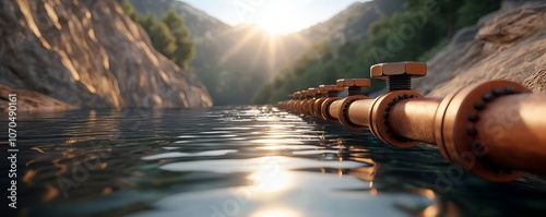 A serene view of a pipeline along the water's edge, surrounded by rocky cliffs and lush greenery, illuminated by the warm glow of the sun.