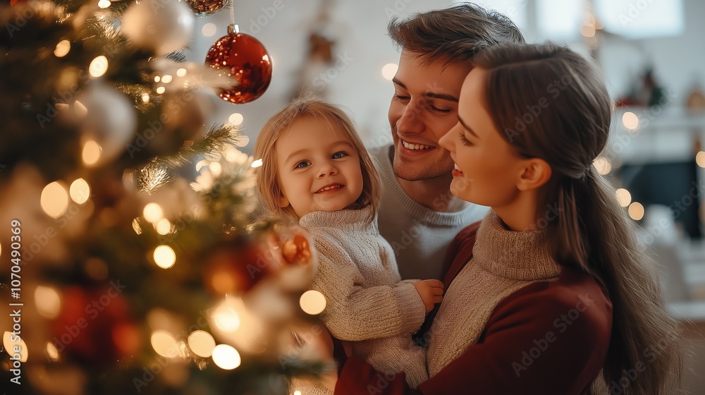 Family decorating a Christmas tree for the holiday and collecting a New Year garland at home. Merry Christmas, Happy New Year Family decorating a Christmas tree for the holiday and collecting a New Year garland at home. Merry Christmas, Happy New Year