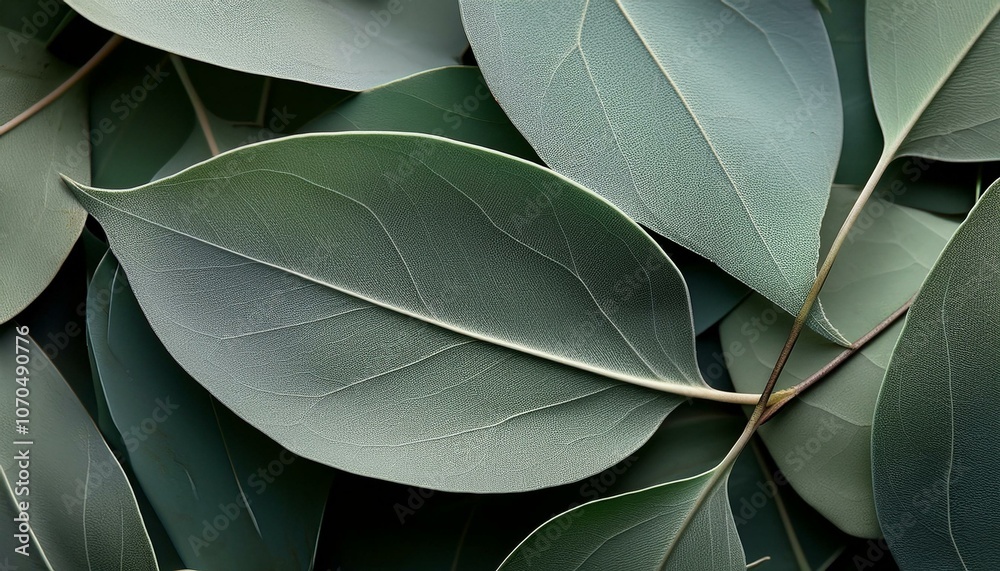 Obraz premium Close-up of overlapping eucalyptus leaves, matte finish with dusty green and grey tones wallpaper