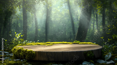 A round wooden podium with moss on the bottom, set against an enchanted forest background. Enchanted. Illustration photo