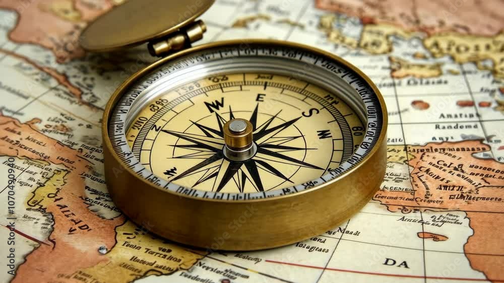 A brass compass sits atop an old world map, ready to guide explorers on their journey A brass compass sits atop an old world map, ready to guide explorers on their journey