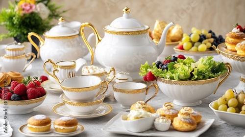 Lavish brunch table adorned with goldtrimmed crockery featuring coffee cups teapots and salad bowls beautifully complemented by fresh pastries and frui photo