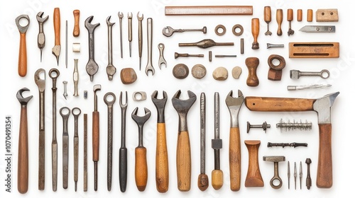 A collection of various hand tools arranged neatly for use in construction or repair tasks.