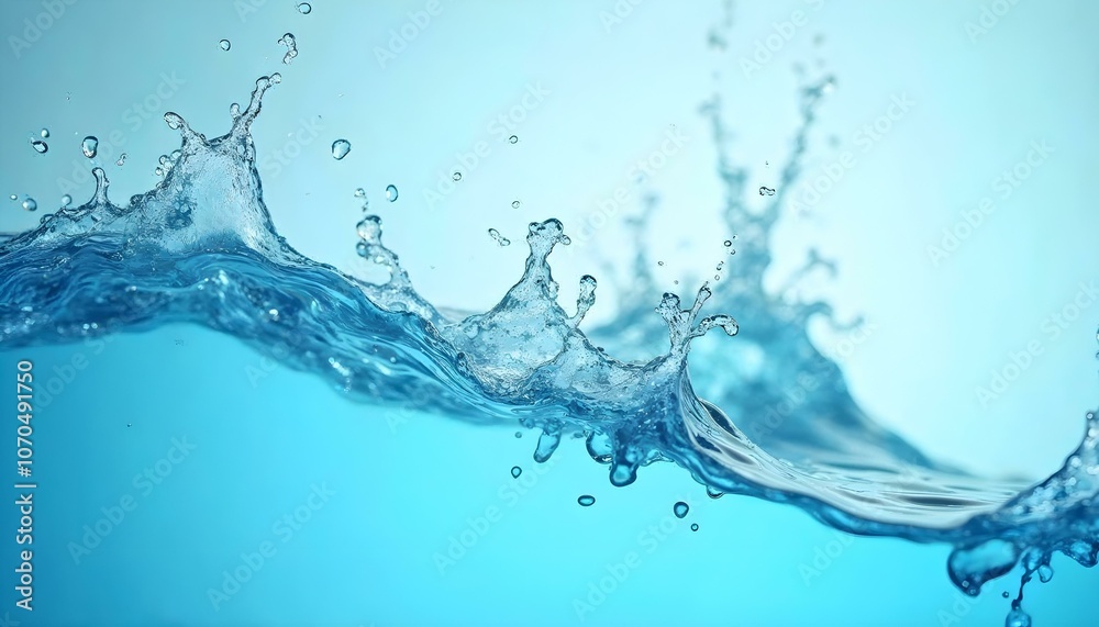 Ultra-close-up of water splashing with crystal-clear droplets frozen mid-air, illuminated by soft light. The water forms intricate curves and waves Ultra-close-up of water splashing with crystal-clear droplets frozen mid-air, illuminated by soft light. The water forms intricate curves and waves