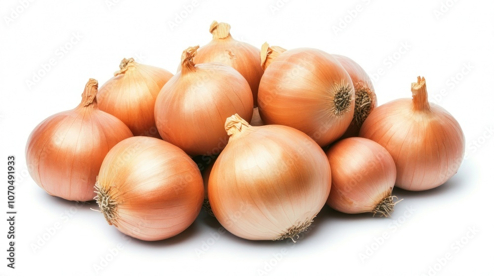 A pile of fresh, brown onions arranged on a white background. A pile of fresh, brown onions arranged on a white background.