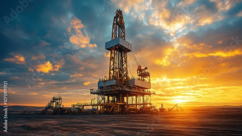 Oil Well Drilling in the Desert During Golden Hour