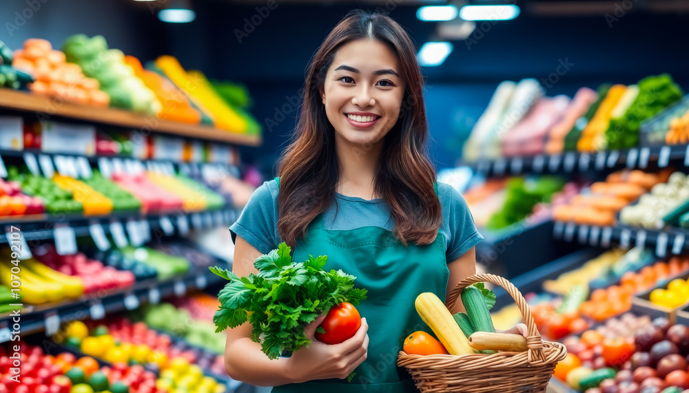 Fototapeta premium A young woman shop assistant in an apron holds fresh herbs and a basket of vegetables in the produce section of a supermarket or behind her counter at a market.