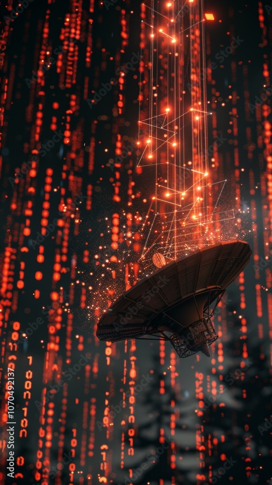 A satellite dish transmitting signals towards a glowing Earth surrounded by streams of binary code in a futuristic setting, symbolizing connection and technology A satellite dish transmitting signals towards a glowing Earth surrounded by streams of binary code in a futuristic setting, symbolizing connection and technology