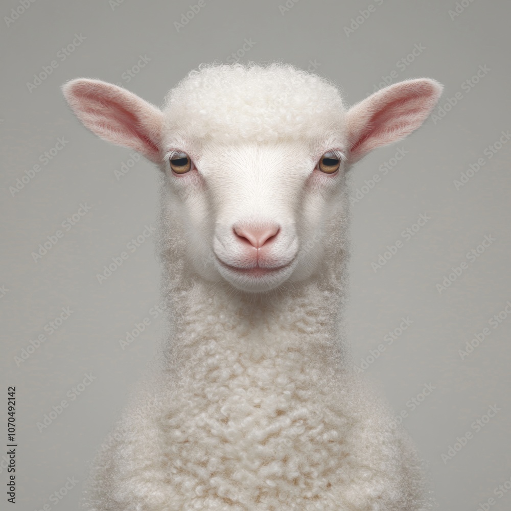 A white lamb with pink ears looks directly at the camera against a plain grey background. A white lamb with pink ears looks directly at the camera against a plain grey background.
