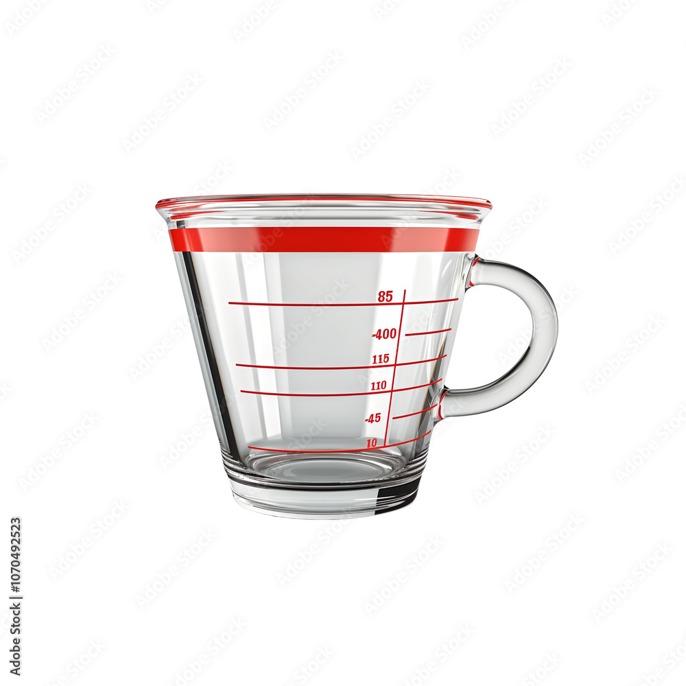 Glass measuring cup with red measurement markings transparent wi Glass measuring cup with red measurement markings transparent wi