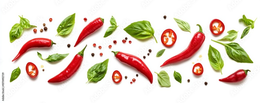 Red chili peppers and basil leaves pattern on white background Red chili peppers and basil leaves pattern on white background