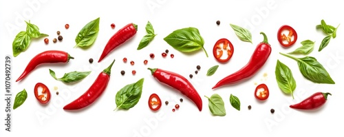 Wallpaper Mural Red chili peppers and basil leaves pattern on white background Torontodigital.ca