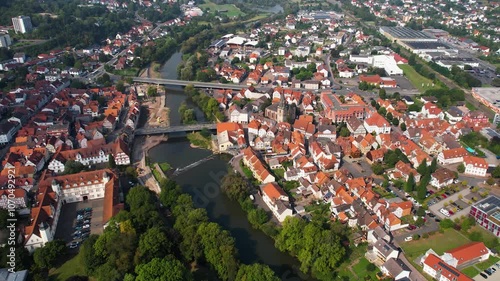 Aerial view around the old city of Rotenburg an der Fulda in Germany on a sunny morning day in summer photo