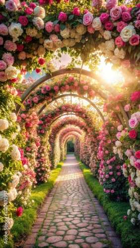 Stunning rose tunnel with a stone path illuminated by soft sunlight. Generative AI