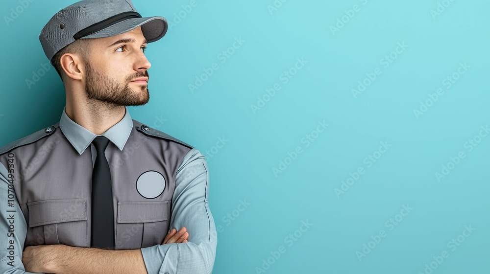 A confident man in a uniform stands against a blue background, exuding authority and professionalism. A confident man in a uniform stands against a blue background, exuding authority and professionalism.