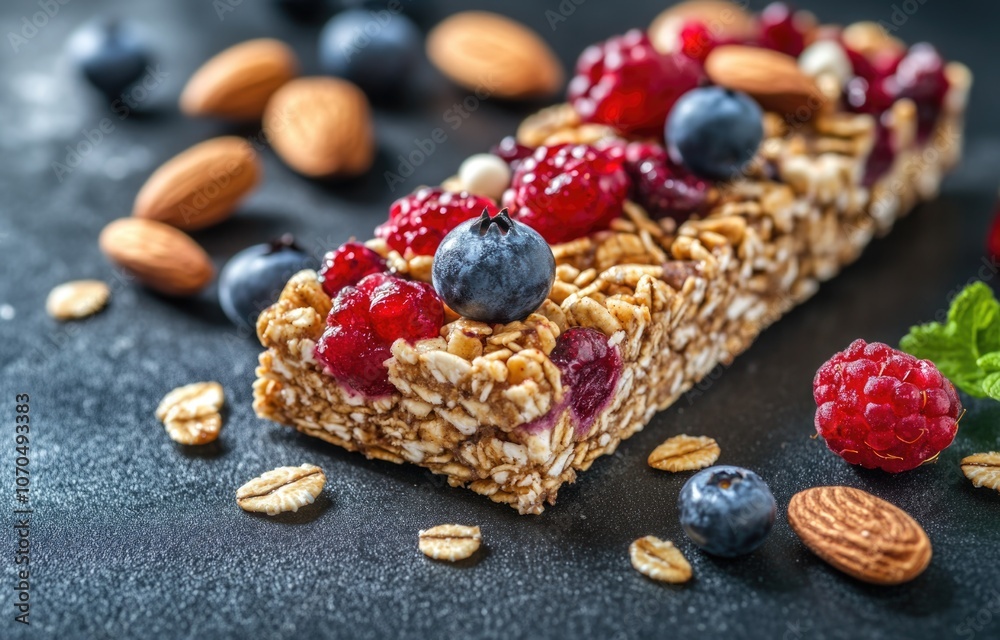 A granola bar with berries and nuts on a dark background. A granola bar with berries and nuts on a dark background.