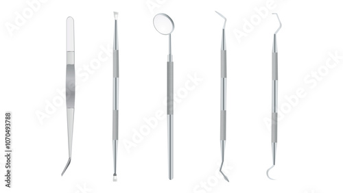 Dental tools stainless steel realistic set. Stomatological professional hygiene kit. dental instruments isolated on white. 