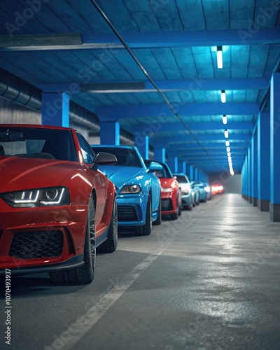 Rows of red and blue cars parked in a well-lit garage at night. Generative AI