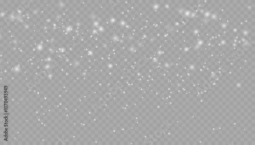 Realistic falling snow with snowflakes and clouds. Vector heavy snowfall, snowflakes in different shapes and forms. Many white cold flake elements on transparent background.