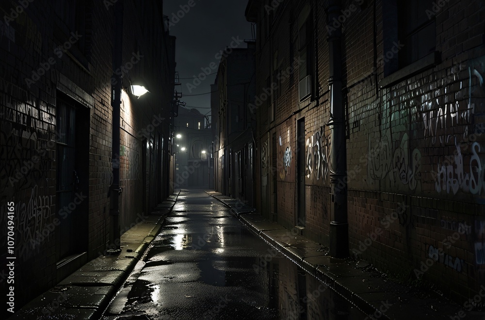 Moody Urban Alleyway at Night with Wet Pavement and Graffiti Moody Urban Alleyway at Night with Wet Pavement and Graffiti
