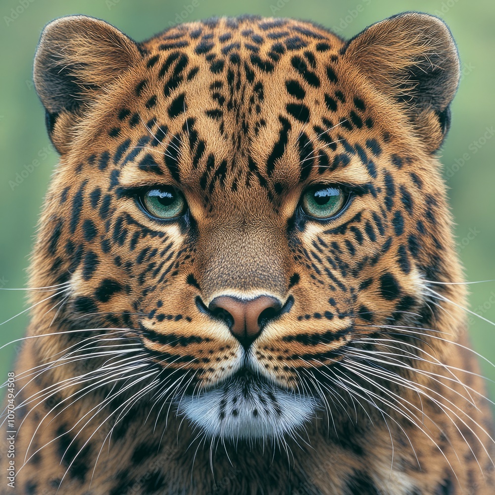 Obraz premium Close-up portrait of a leopard with piercing blue eyes.
