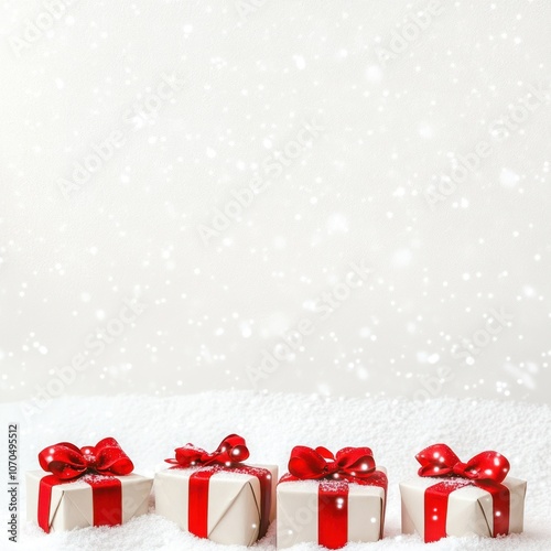 Wallpaper Mural Snowfall Gift Boxes: A charming winter scene with four gifts wrapped in white paper and red bows, nestled in a snowy landscape. The delicate snowfall adds a touch of magic to this festive image.  Torontodigital.ca
