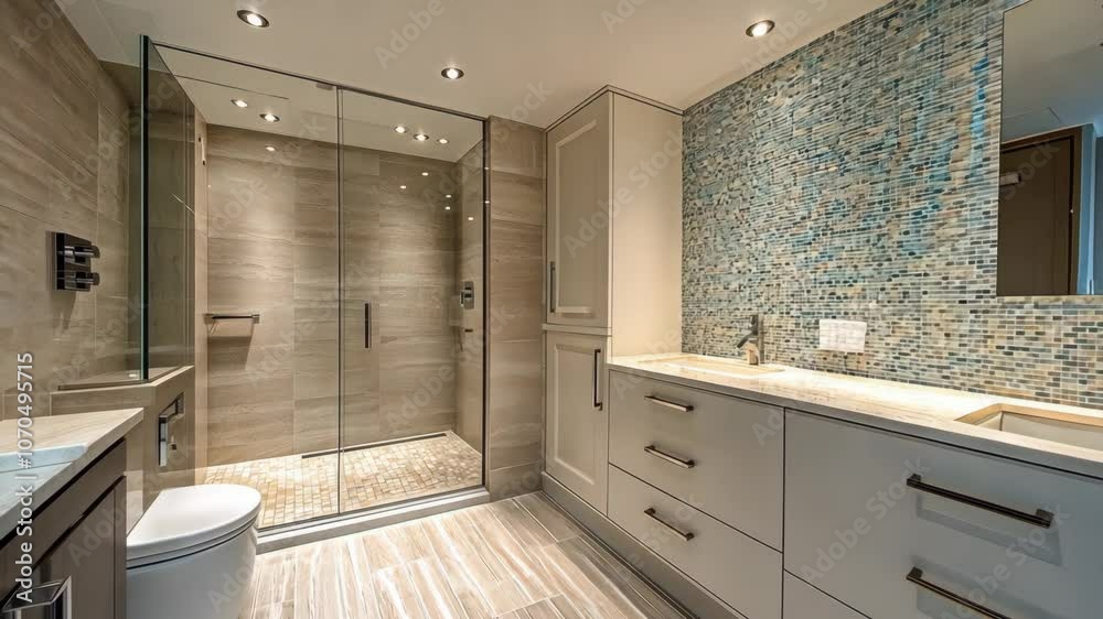 custom made wallpaper toronto digitalA modern bathroom with a glass-enclosed shower and a double vanity with marble countertops