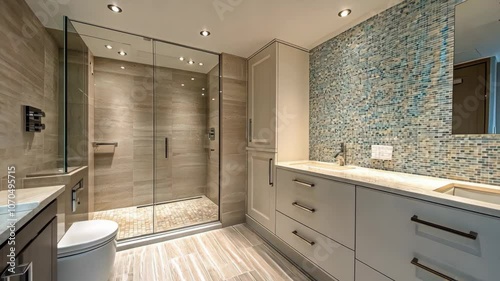 A modern bathroom with a glass-enclosed shower and a double vanity with marble countertops