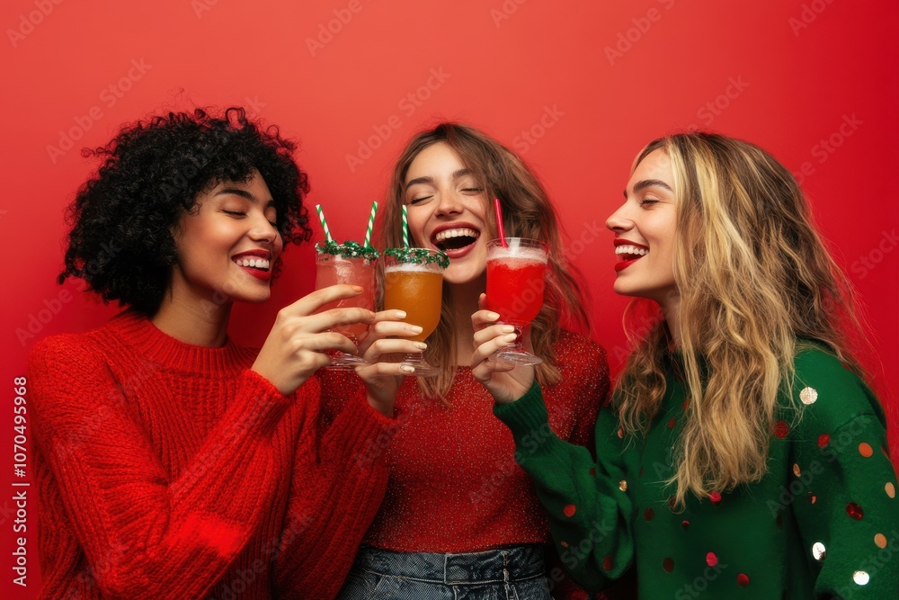 A group of diverse friends in holiday sweaters, raising glasses with colorful drinks on red background A group of diverse friends in holiday sweaters, raising glasses with colorful drinks on red background