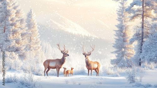 A family of deer in the winter forest landscape