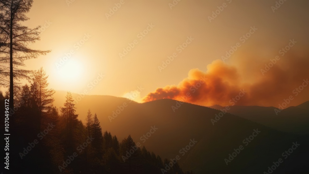 Obraz premium Smog from fire in forested mountains