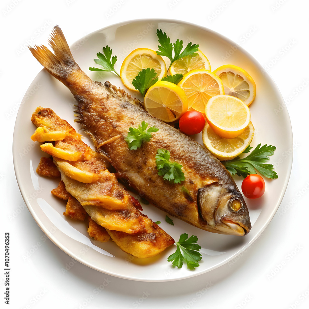 Fresh fish fry on a white background, crispy and golden Fresh fish fry on a white background, crispy and golden