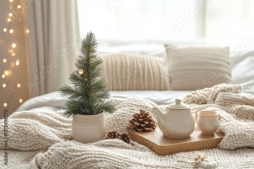 cozy Japandi style bedroom decorated for Christmas with simple garlands, a small potted pine tree, and a tea set, minimal background with copy space photo